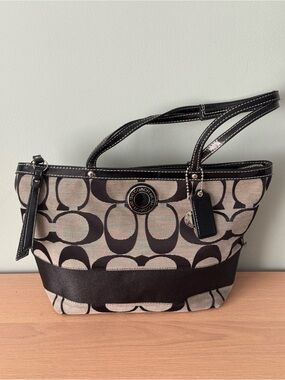 VTG Y2K Coach Signature Stripe Tote Black-On-Gray Monogram Jacquard Shoulder Bag